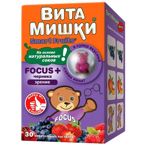 фотография ВитаМишки Focus + черника пастилки жев., 100 г, 30 шт., черника, купить за 997 руб онлайн