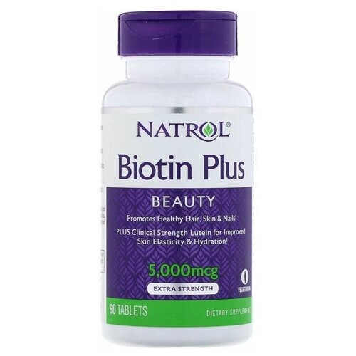 фотография Таблетки Natrol Biotin Plus, 80 г, 5000 мкг, 60 шт., купить за 2199 руб онлайн