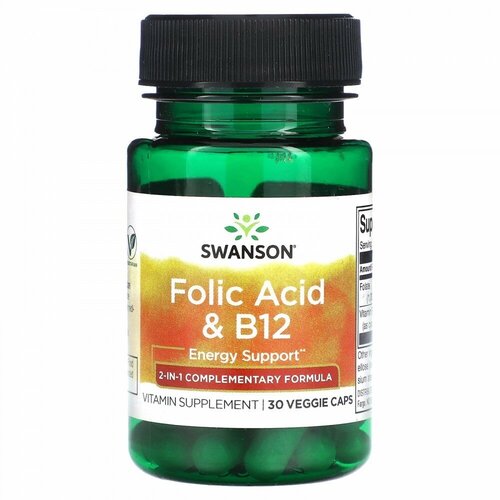 фотография Swanson Folic Acid & B12, 30 капс., купить за 578 руб онлайн